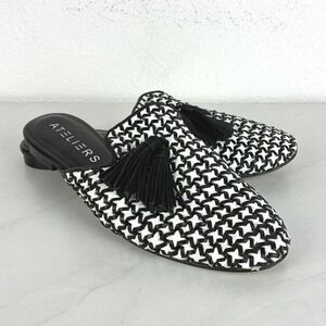 Ateliers Black White Woven Tassel Mules - 40- Star Pattern Pointed Toe Boho Chic